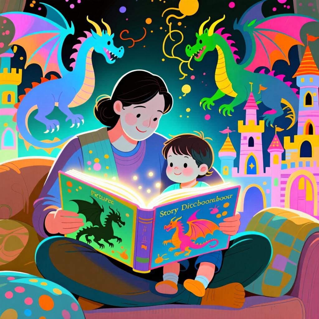 A parent reading an imaginative storybook to a child, with fantasy elements appearing around them.