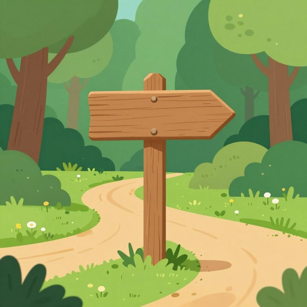 A wooden signpost at a fork in a path pointing towards a forest.