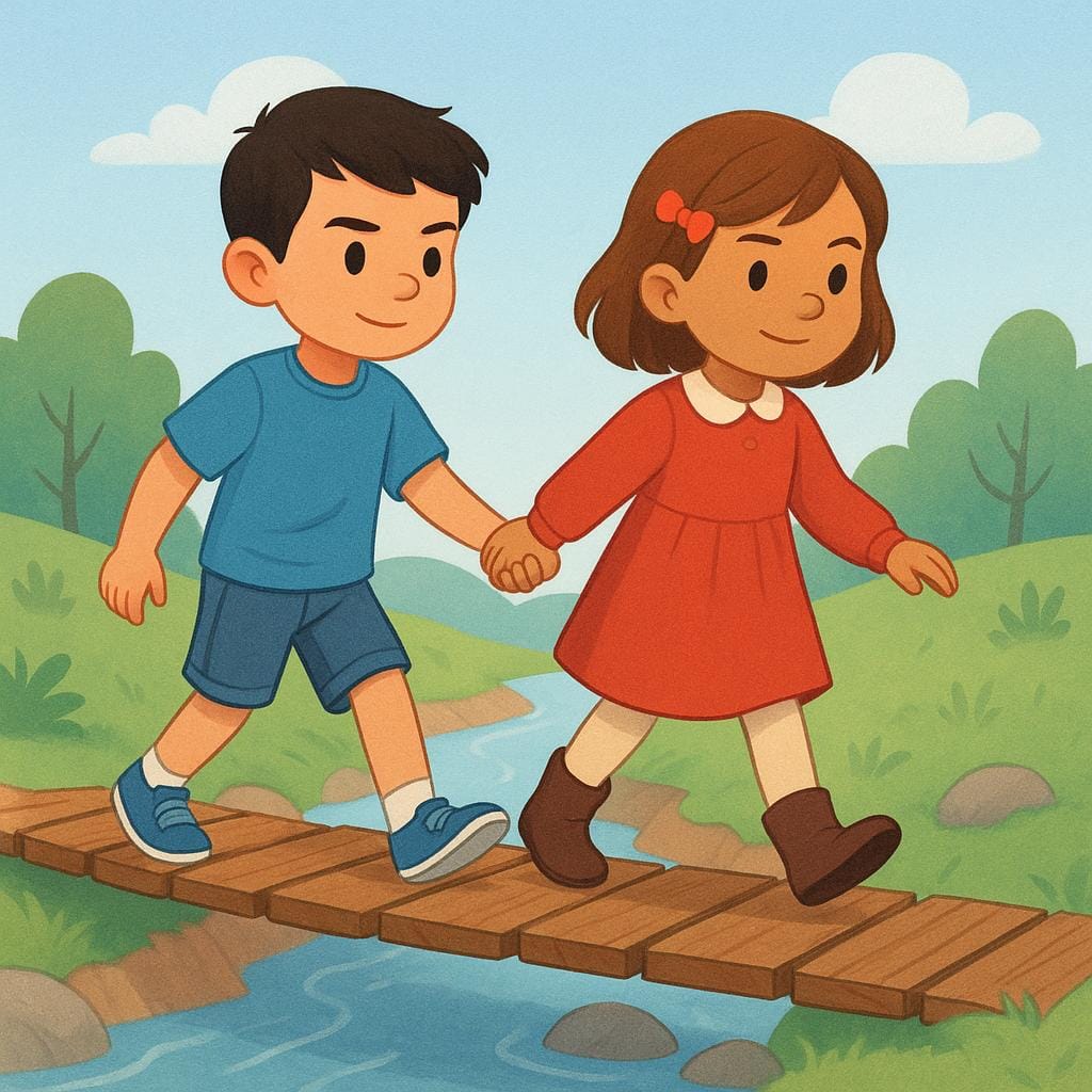 Two young children, a boy and a girl, confidently crossing a narrow wooden plank bridge over a small stream while holding hands.