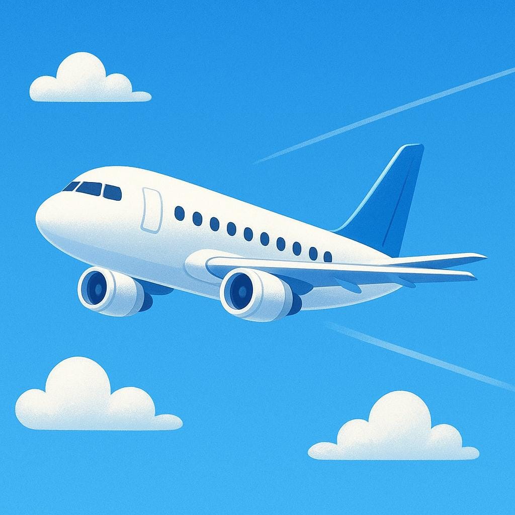 A simplified illustration of a white commercial passenger jet flying across a clear blue sky, symbolizing an airline.