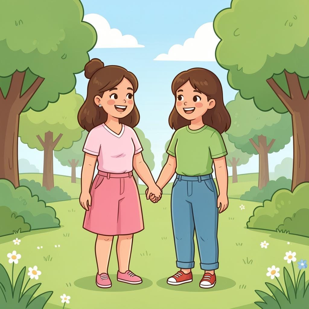 Two women standing together, smiling and holding hands in a park.