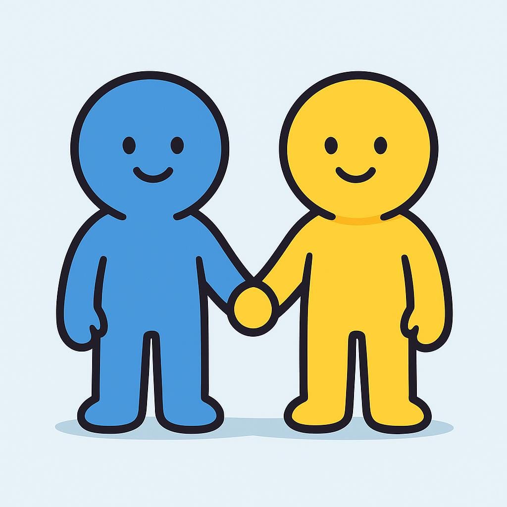 A colorful, simplistic illustration featuring two stylized figures, one blue and one yellow, standing side-by-side and holding hands, smiling warmly.