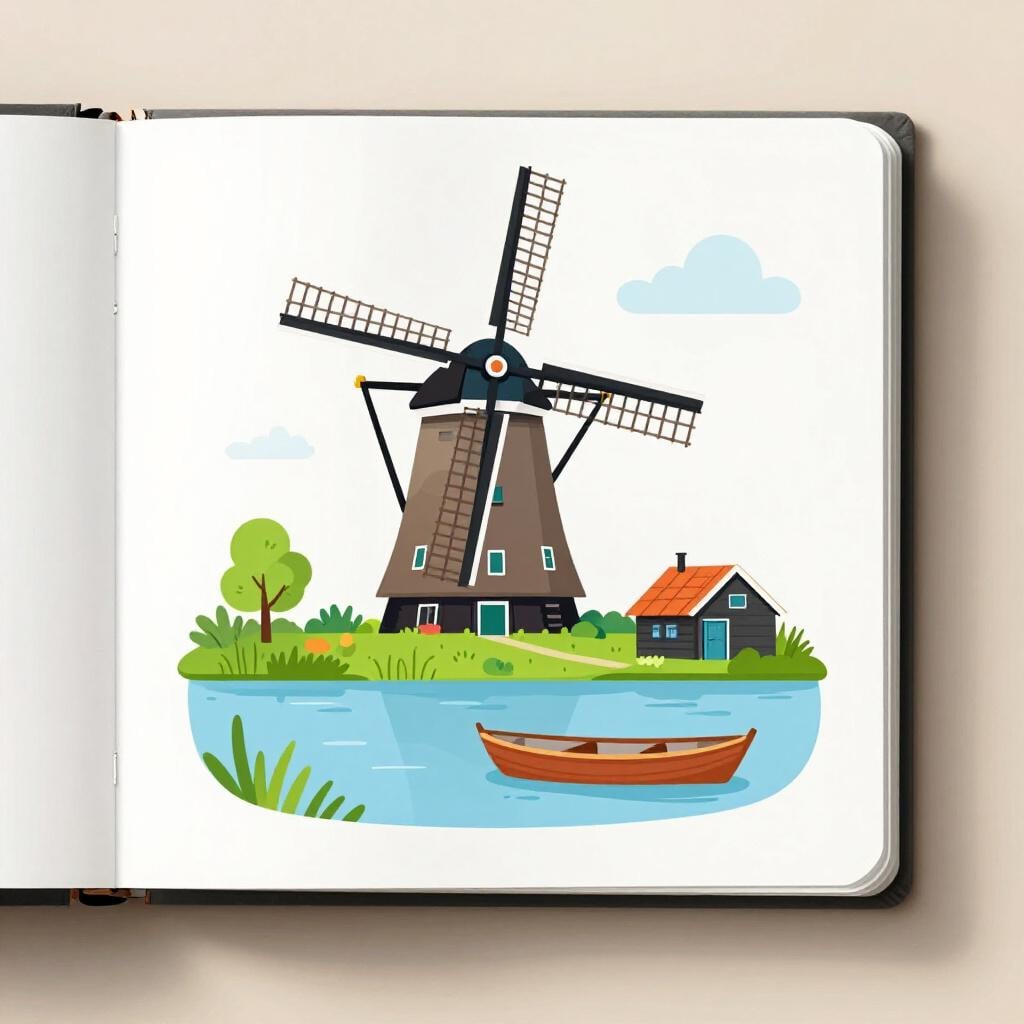 風車と運河のカラフルなイラストが描かれた開いた本。