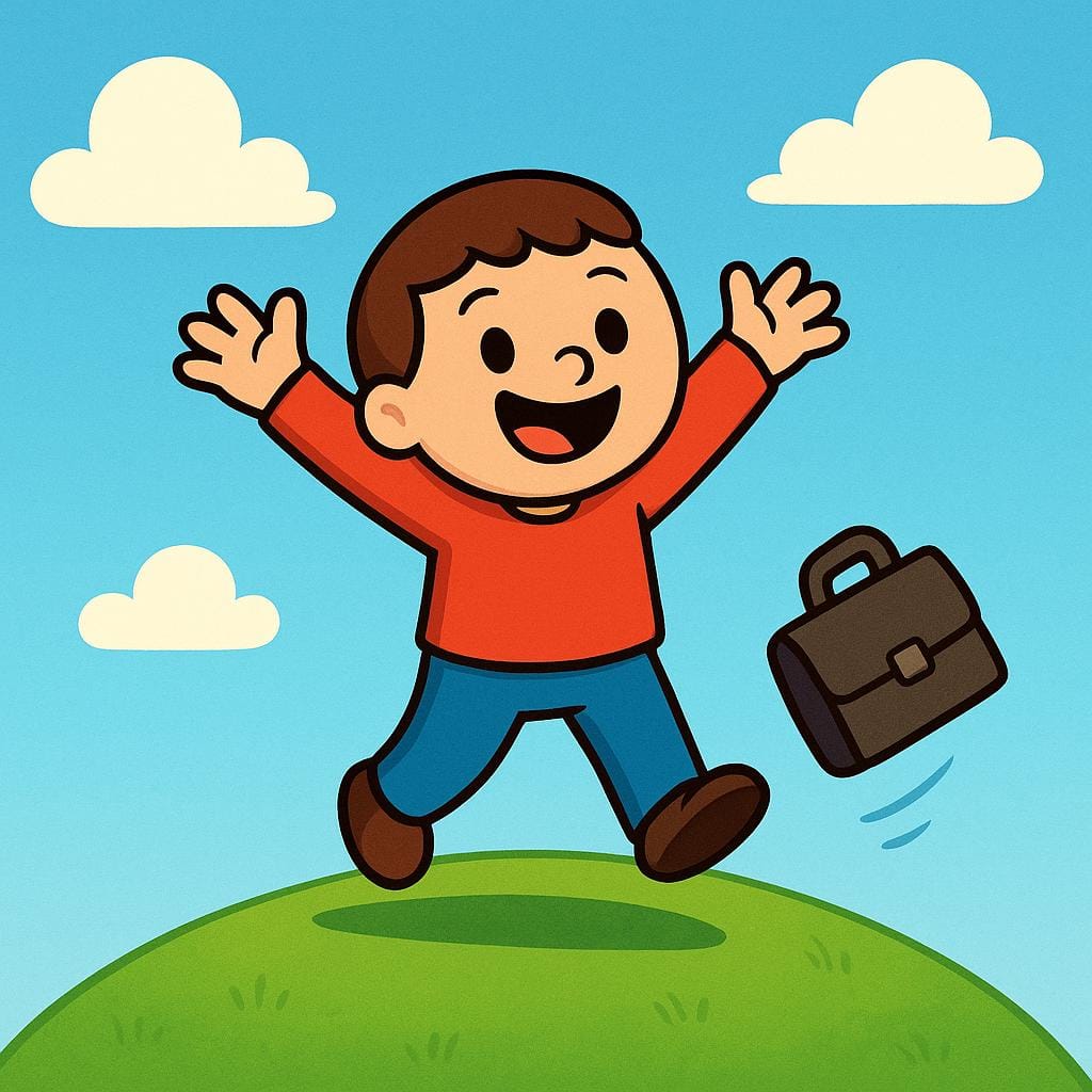 Una figura stilizzata in piedi su una collina, che alza le braccia in segno di trionfo mentre una piccola valigetta le cade dalla mano, simboleggiando l'abbandono di un lavoro o di un impegno.