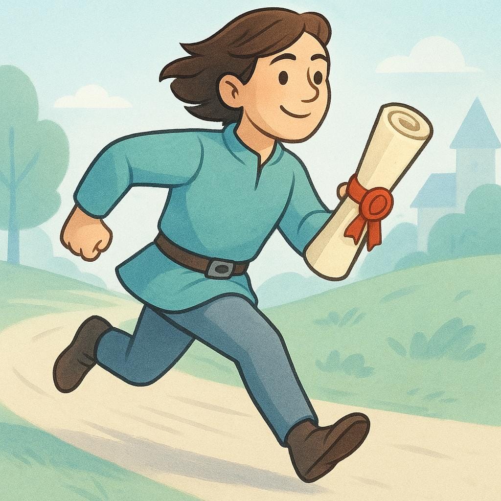 A cheerful delivery person running while holding a sealed scroll, symbolizing the delivery of a message.