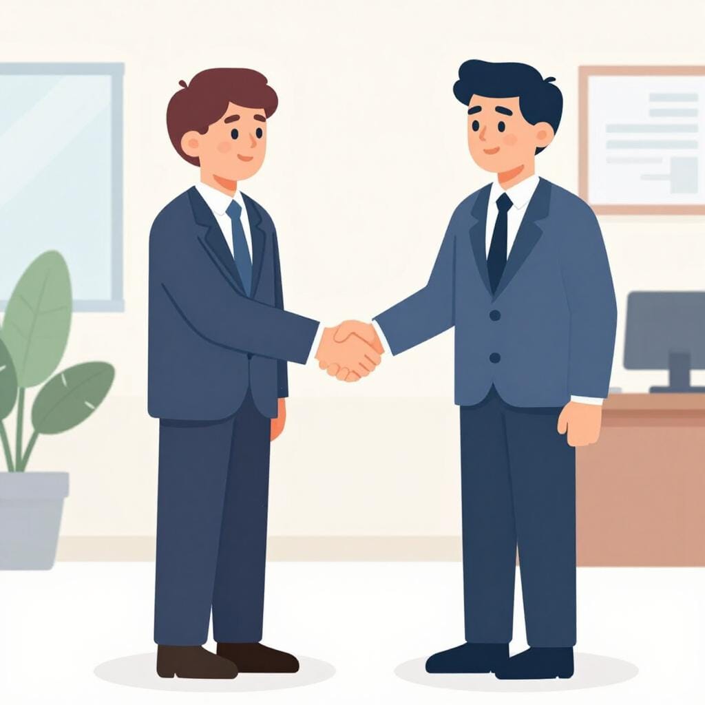 A person in a business suit shaking hands with an employee in a bright office setting.