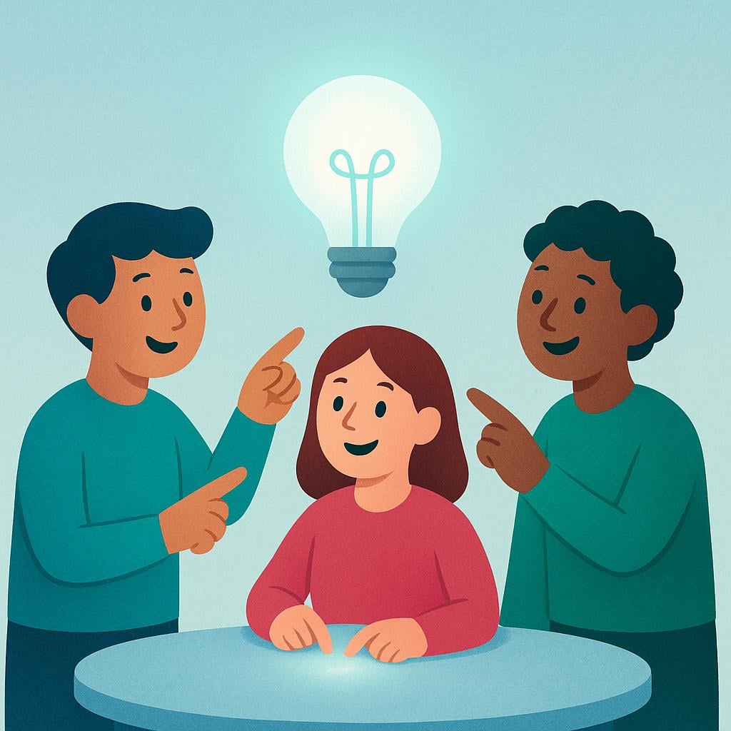 Three figures gathered around a table, pointing at a single, glowing lightbulb floating above the table, indicating they share the same opinion or thought.