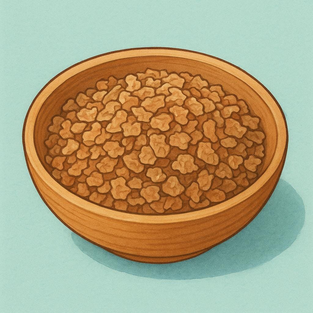 Een close-up, kleurrijke stripboekillustratie van grove bruine zemelvlokken die een kleine, ondiepe houten kom vullen.