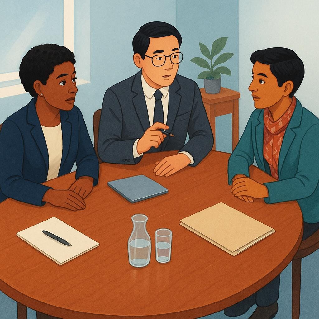 Three people seated around an oval table participating in a formal meeting.