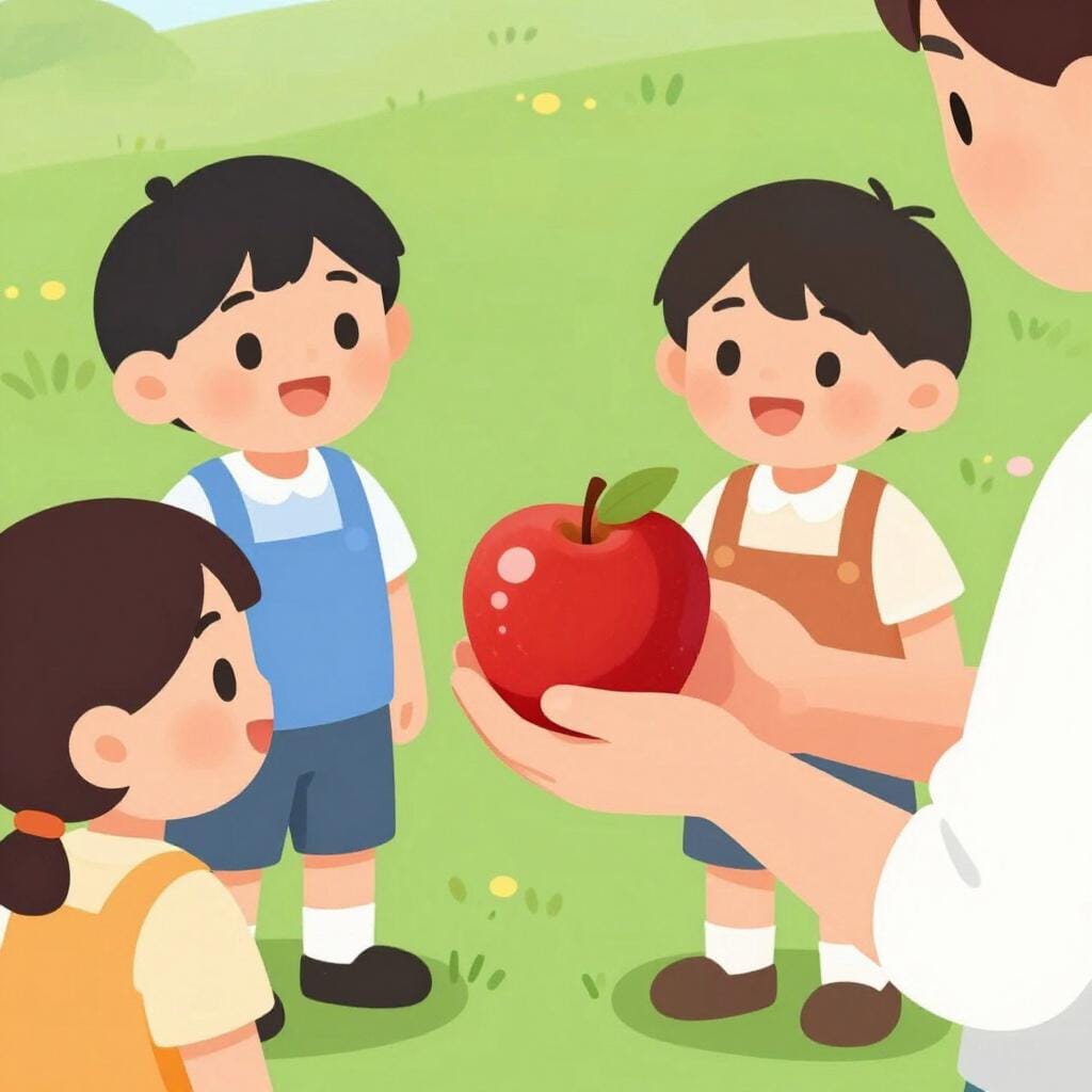 A person handing out bright red apples to a group of smiling children.