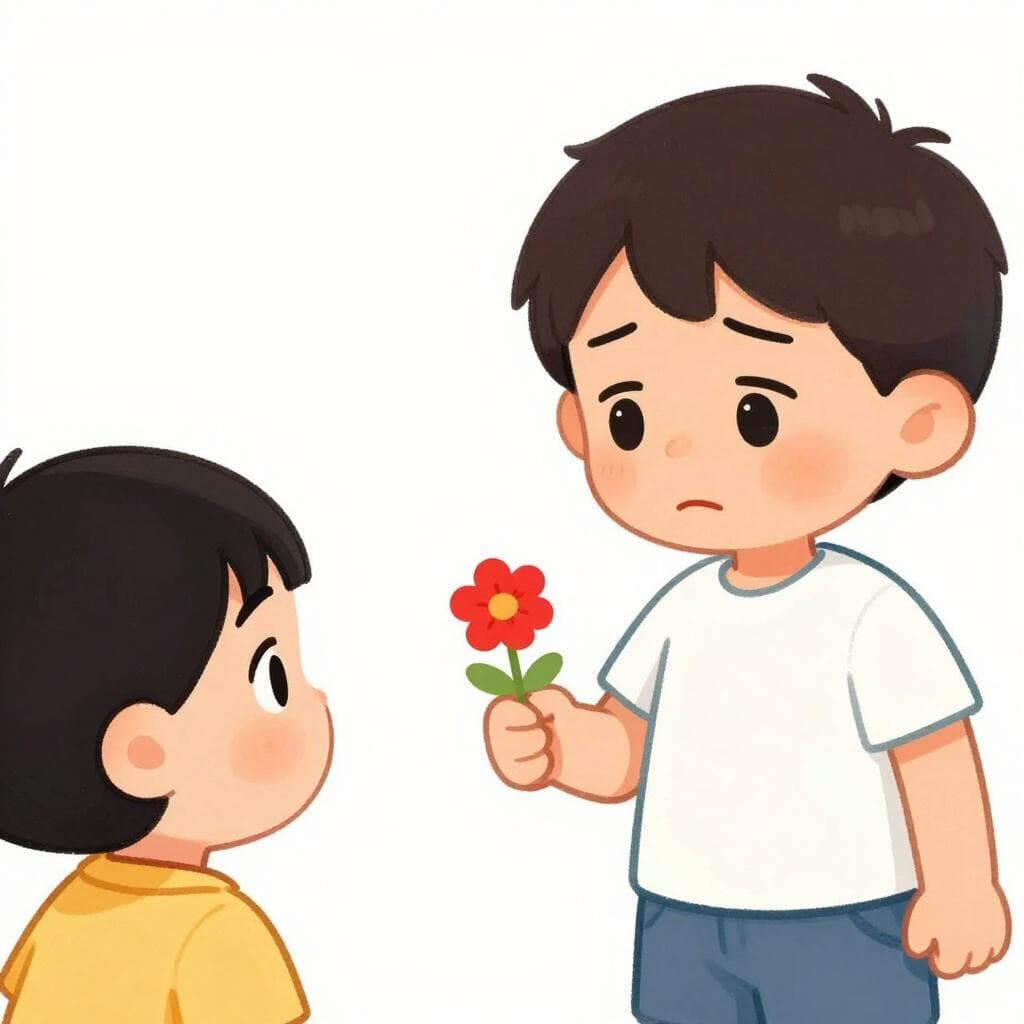Een kinderboekillustratie toont een jong kind met een verdrietige, berouwvolle uitdrukking dat één enkele, helderrode bloem aan een ander kind aanbiedt, wat een verontschuldiging symboliseert.
