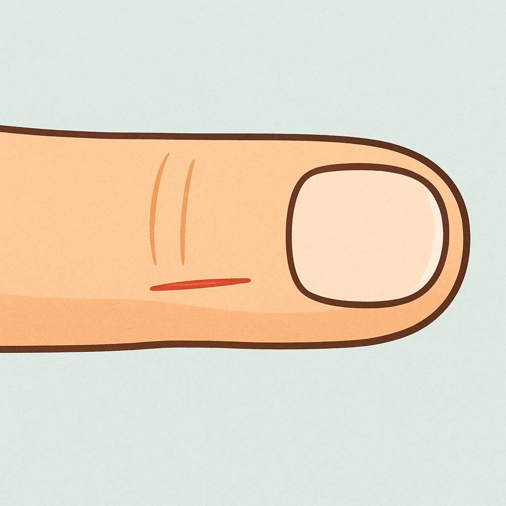 A close-up view of a human index finger with a small, clean red cut across the skin, illustrating a physical injury.