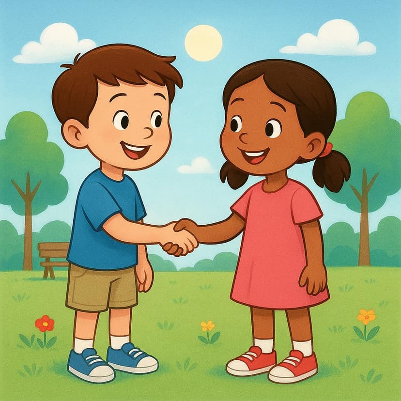 A storybook illustration showing two friendly cartoon characters, a boy and a girl, smiling and shaking hands in a sunny park, symbolizing their first meeting.