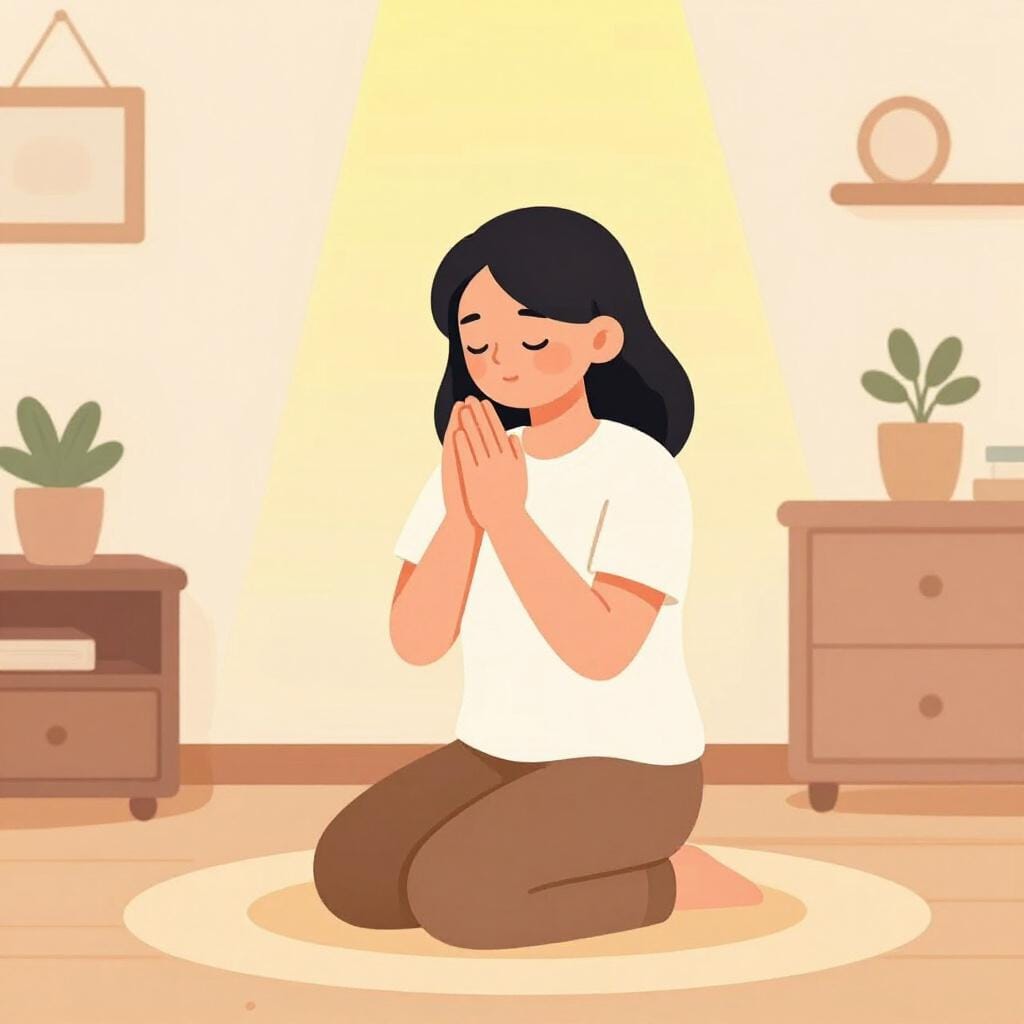 A person kneeling with hands clasped in prayer, looking upward with a peaceful expression.