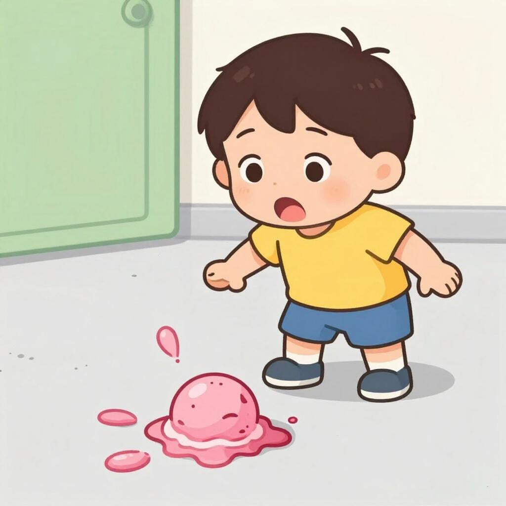 A child looking surprised as they accidentally drop an ice cream cone on the sidewalk.