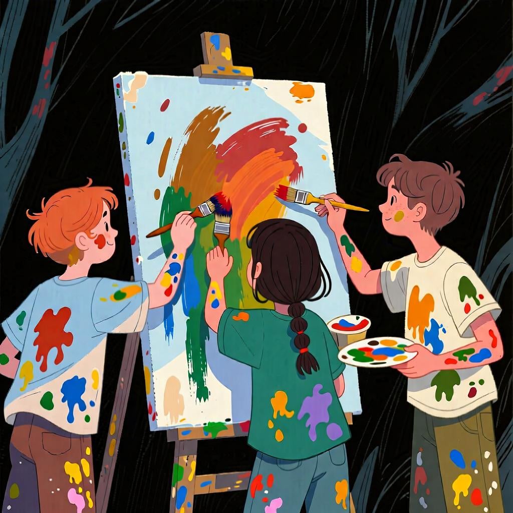 A group of friends actively painting a large canvas together, with paint on their clothes and hands, all in the middle of a brushstroke, showing an action in progress.