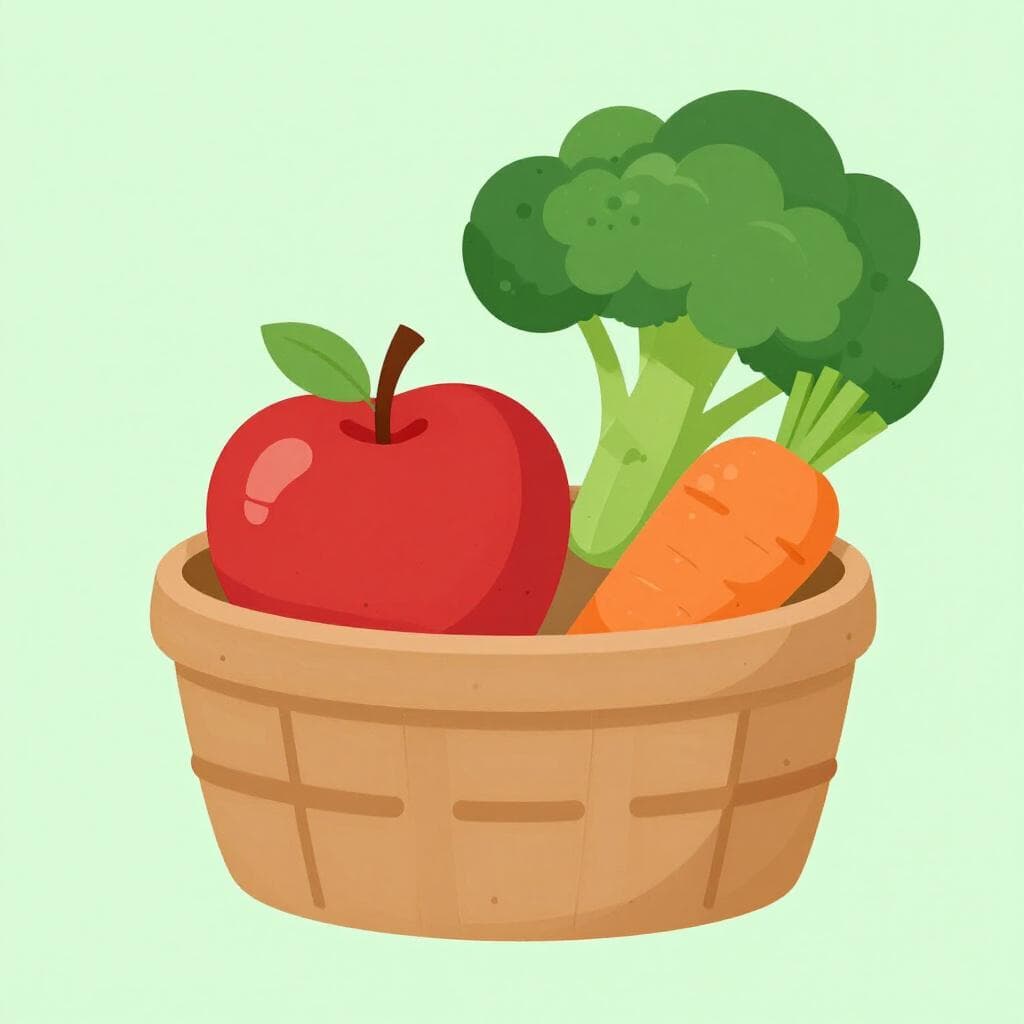 Une variété colorée de fruits et légumes frais comme des pommes, des carottes et du brocoli disposés sur une table en bois.