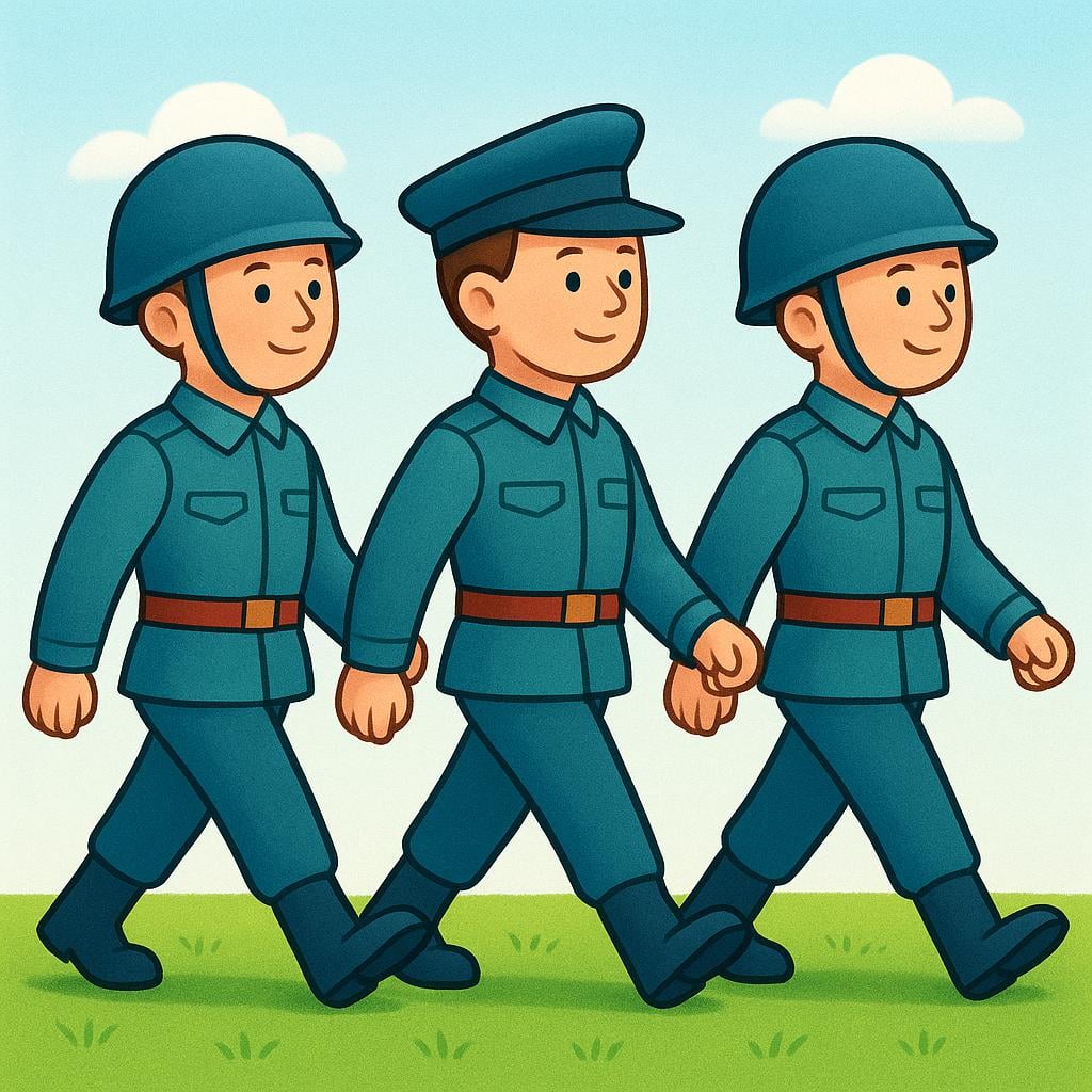 A line of three uniformed soldiers marching in formation across a grassy field, representing a military army.
