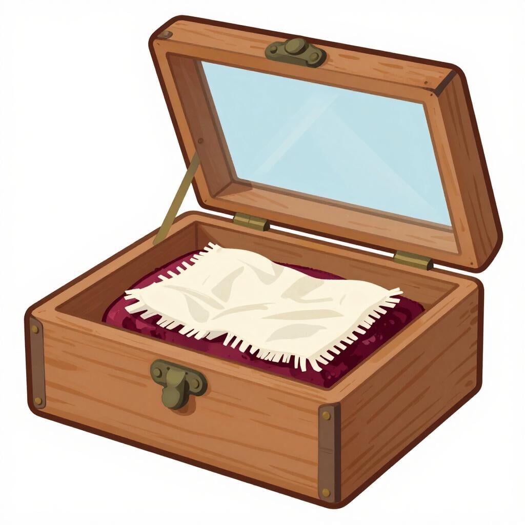 Una scatola di legno antica e consumata contenente un piccolo pezzo di stoffa sotto una teca di vetro.