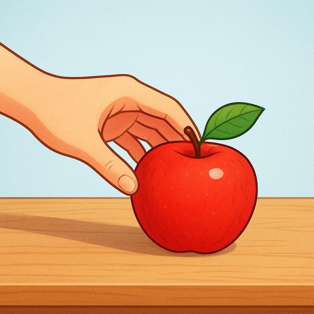 A close-up view of a hand gently placing a single bright red apple onto a clean wooden surface.