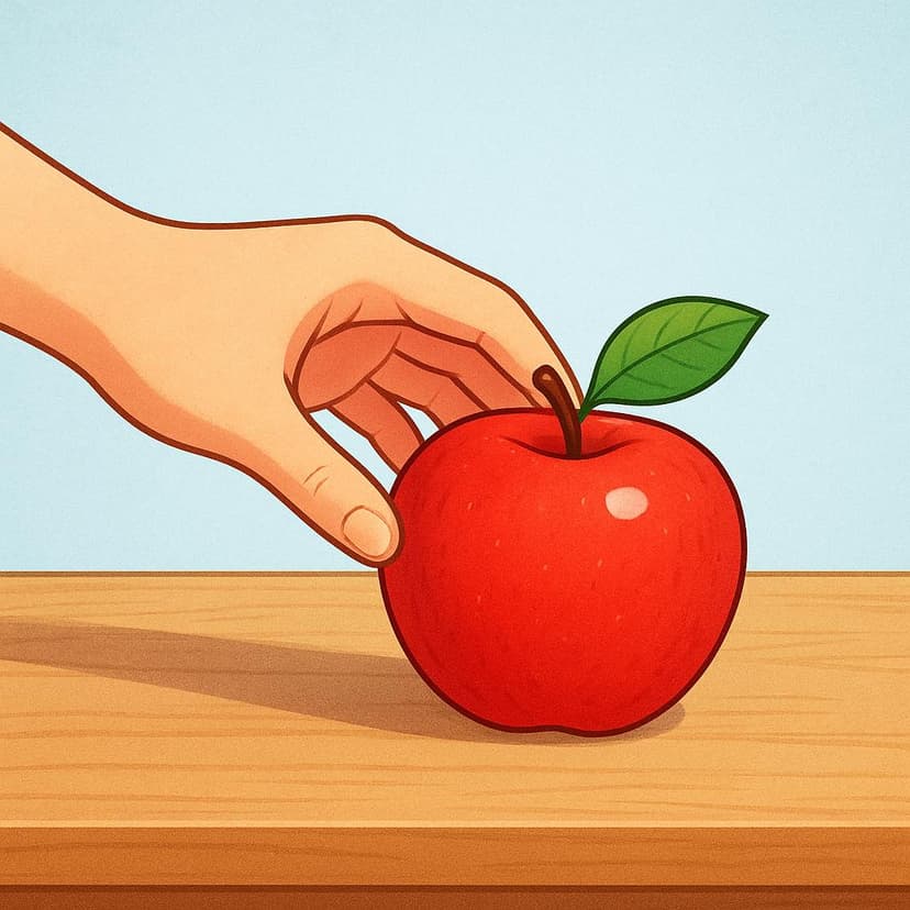 A close-up view of a hand gently placing a single bright red apple onto a clean wooden surface.