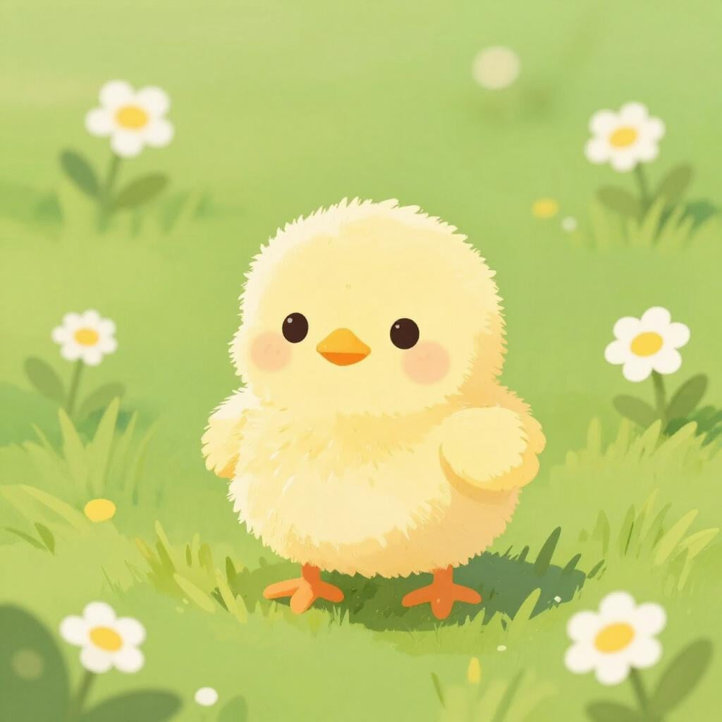A tiny, fluffy yellow chick sitting peacefully in a green meadow.