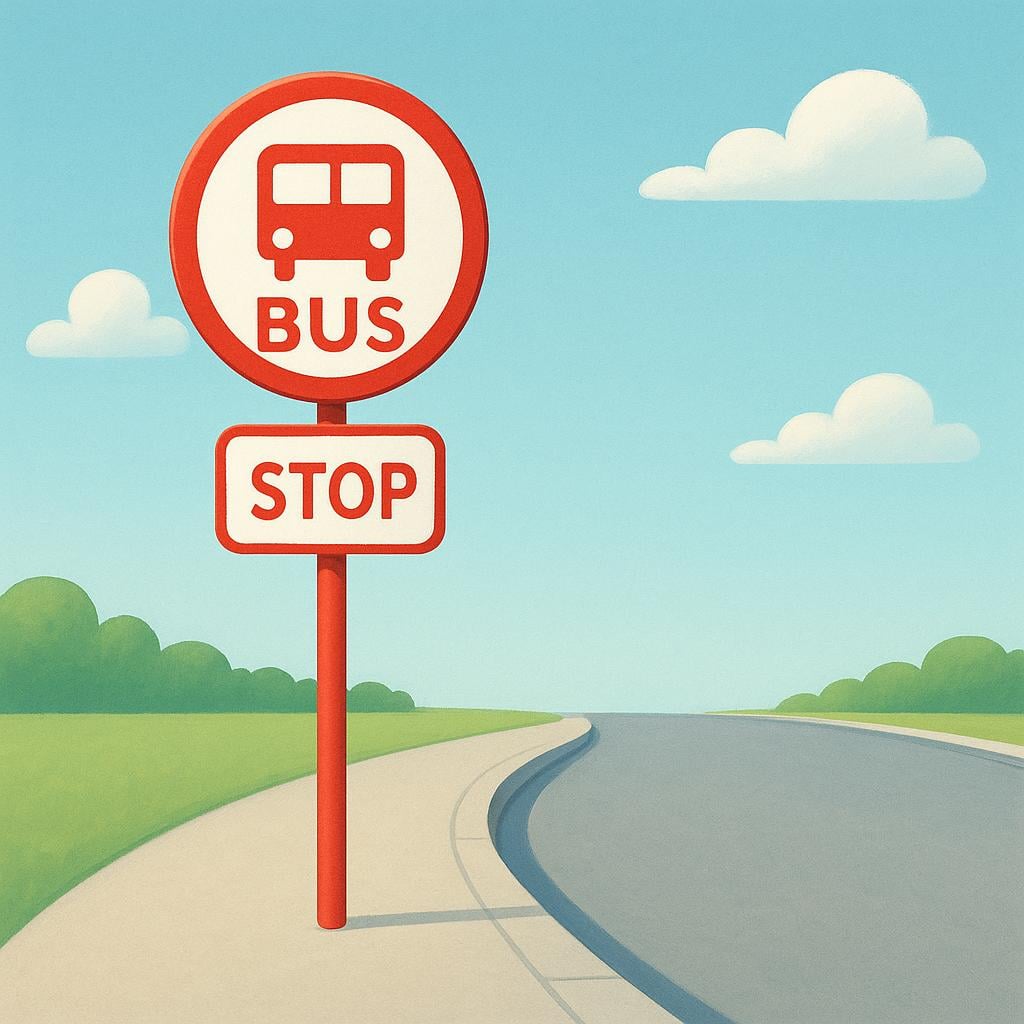 A vibrant illustration of a bus stop sign marked by a simple pole and sign, indicating a public transport halt.