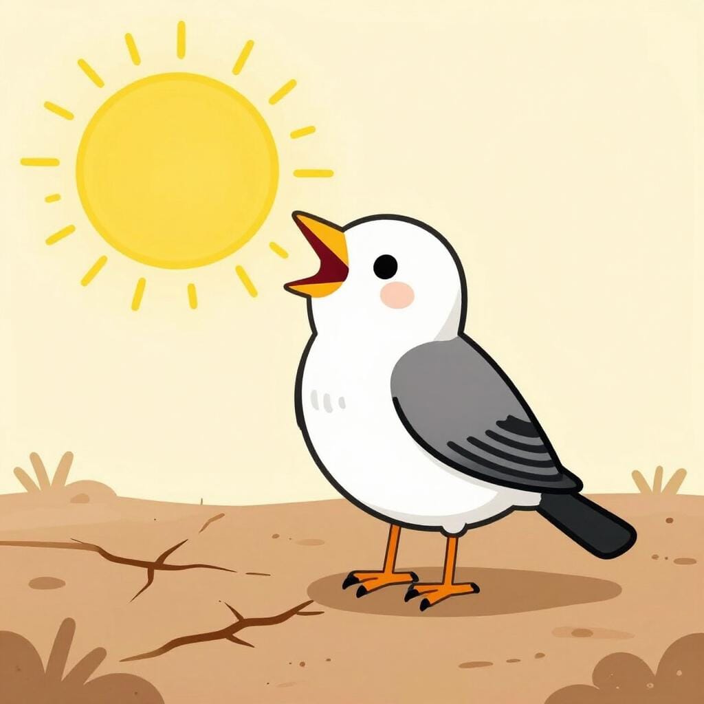 Um pequeno pássaro com o bico aberto em pé sobre um solo seco e rachado sob um sol forte.