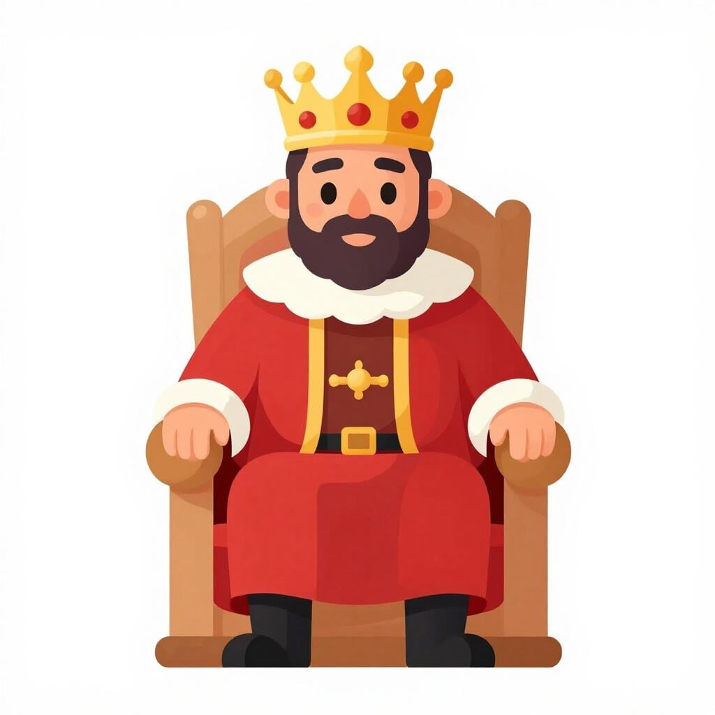 A king sitting on a throne wearing a golden crown.