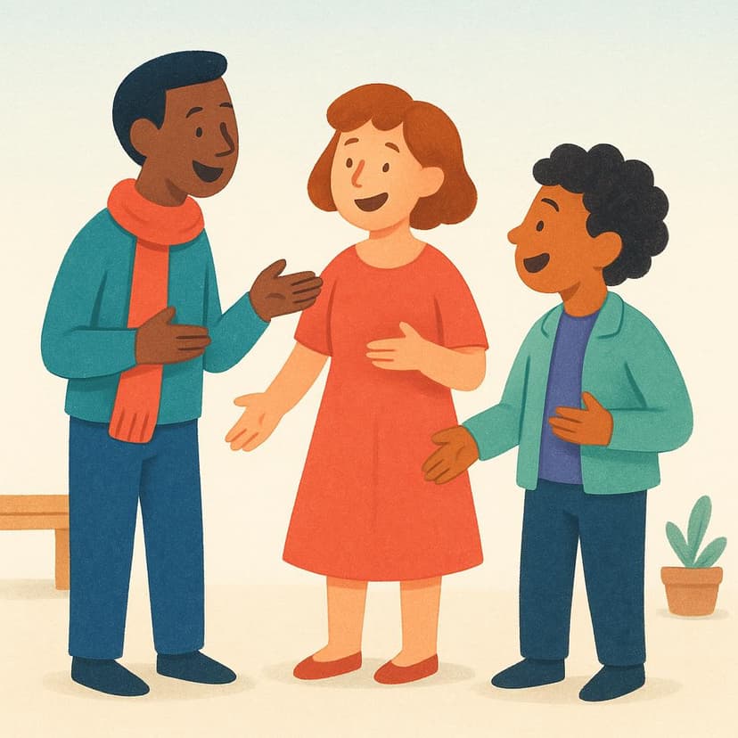 Three brightly colored storybook characters standing in a group, gesturing and speaking animatedly to one another.