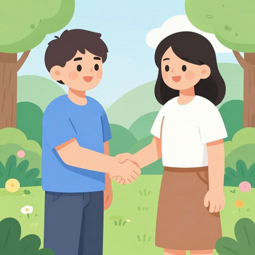 Two people shaking hands firmly in front of a simple house to show they have reached an agreement.