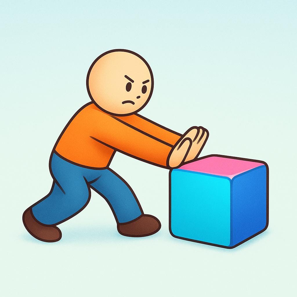 A simple, rounded cartoon figure standing, using both hands to emphatically push a small, colorful cube away, illustrating refusal or opposition.