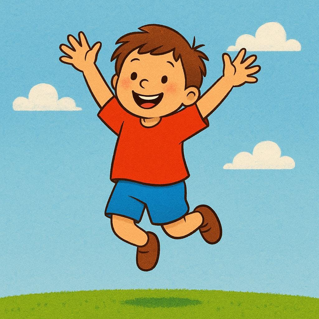 A happy child wearing blue shorts and a red shirt jumping high into the air with both arms raised.