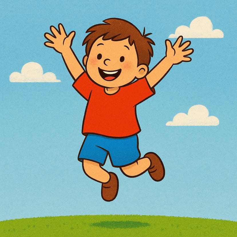 Ein fröhliches Kind in blauen Shorts und einem roten Hemd, das hoch in die Luft springt, beide Arme erhoben.