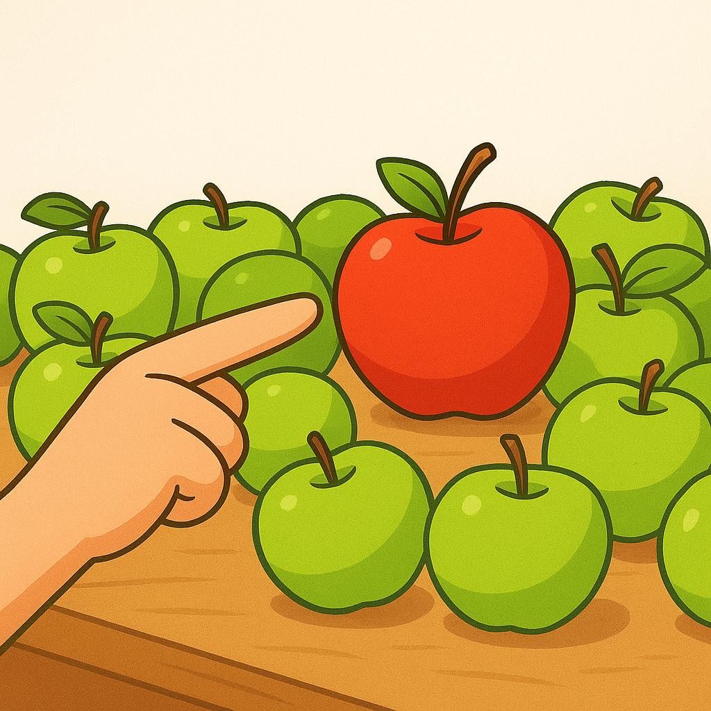 A stylized hand with a pointing finger clearly directs attention towards a single, brightly colored red apple on a table filled with green apples.