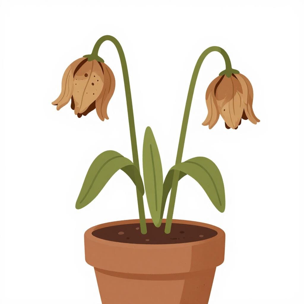 Two wilted, drooping, and brown flowers in a simple ceramic pot.