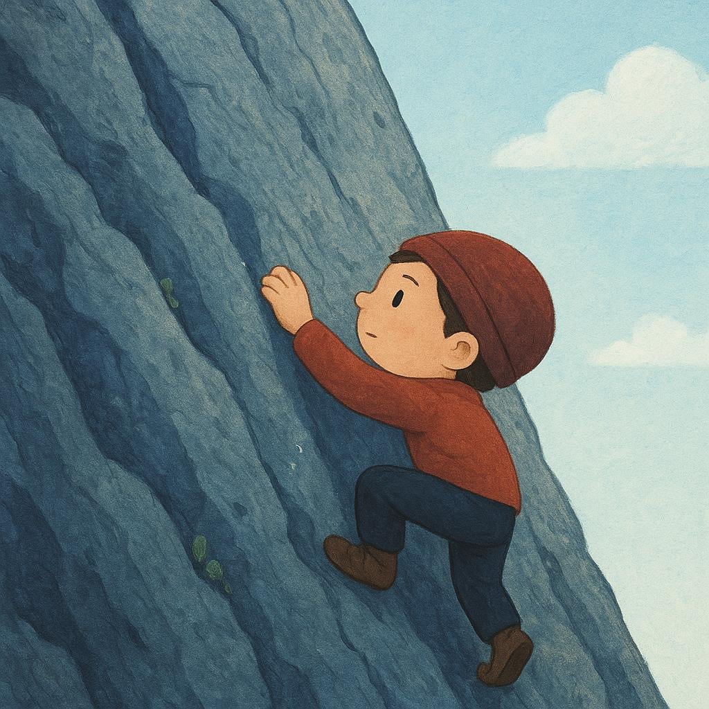 A storybook illustration of a small, determined person struggling to climb a very steep, rocky incline, gripping the rock face tightly.