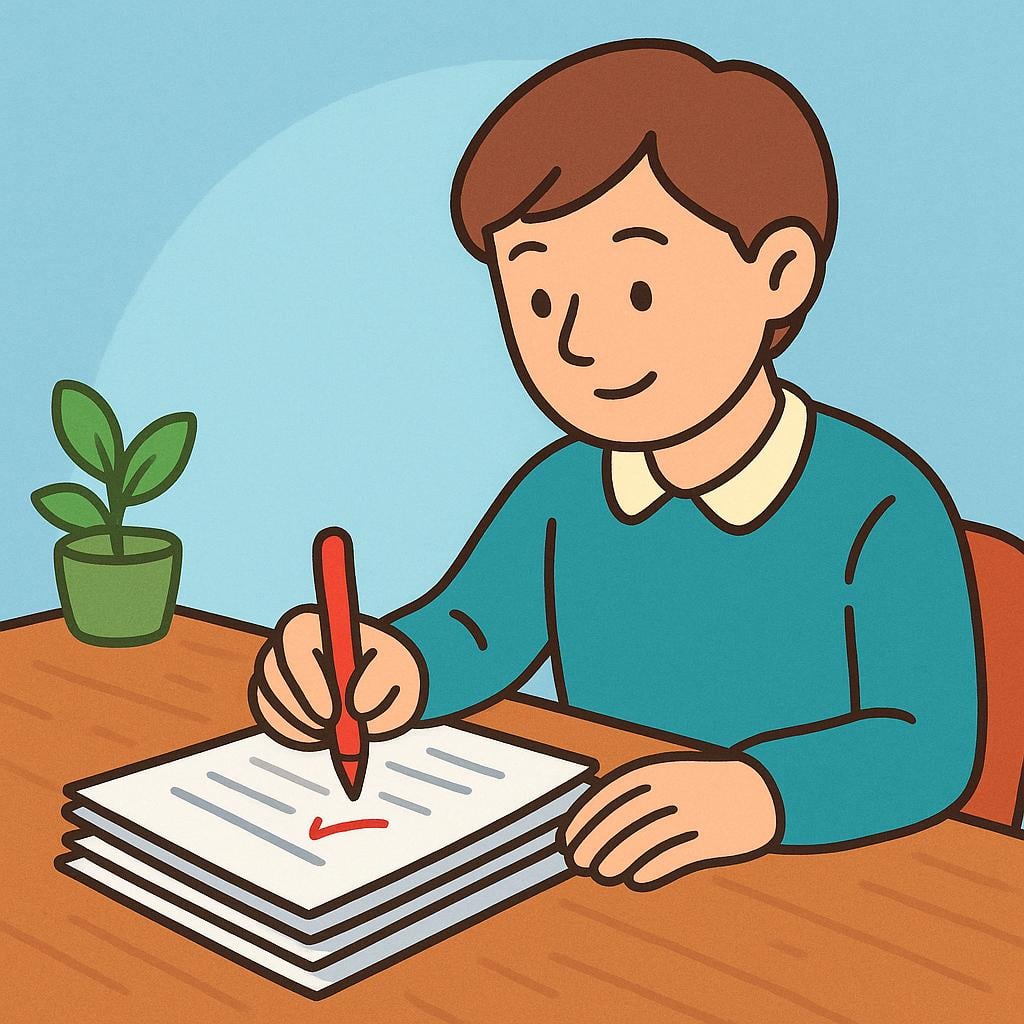 A person sitting at a wooden desk with a stack of papers, holding a red pen and making a checkmark on a document to signify reviewing work.