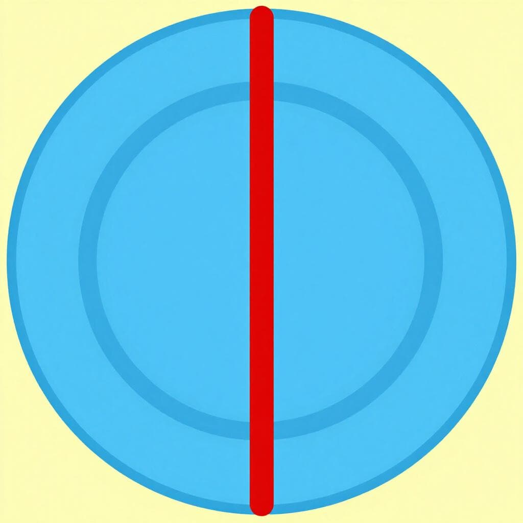 A colorful illustration of a perfectly round blue plate with a single straight red line cutting directly across its center from one side to the other.