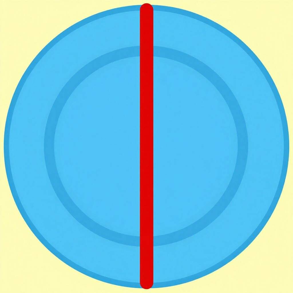 A colorful illustration of a perfectly round blue plate with a single straight red line cutting directly across its center from one side to the other.