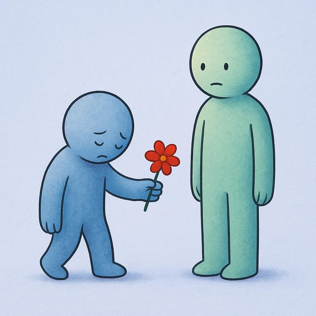 A storybook illustration showing a figure looking down sadly, offering a single red flower to another figure as a clear gesture of apology and regret.