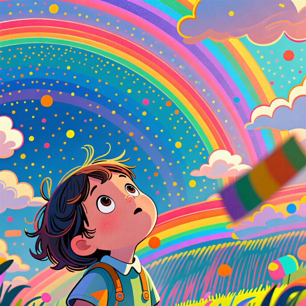 A child with an expression of pure amazement looking up at a giant, vibrant rainbow.