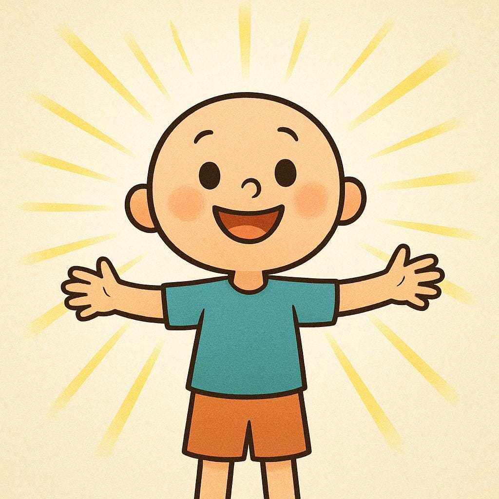 A simple cartoon character smiling brightly, with yellow beams of light radiating outwards from their head and body, symbolizing sudden happiness.