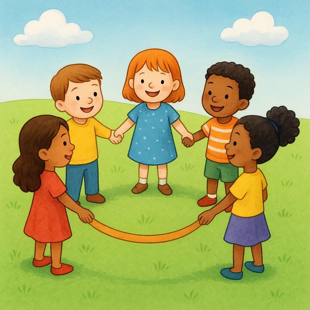 Five diverse children standing close together, holding hands, forming a perfect circle on a green field.