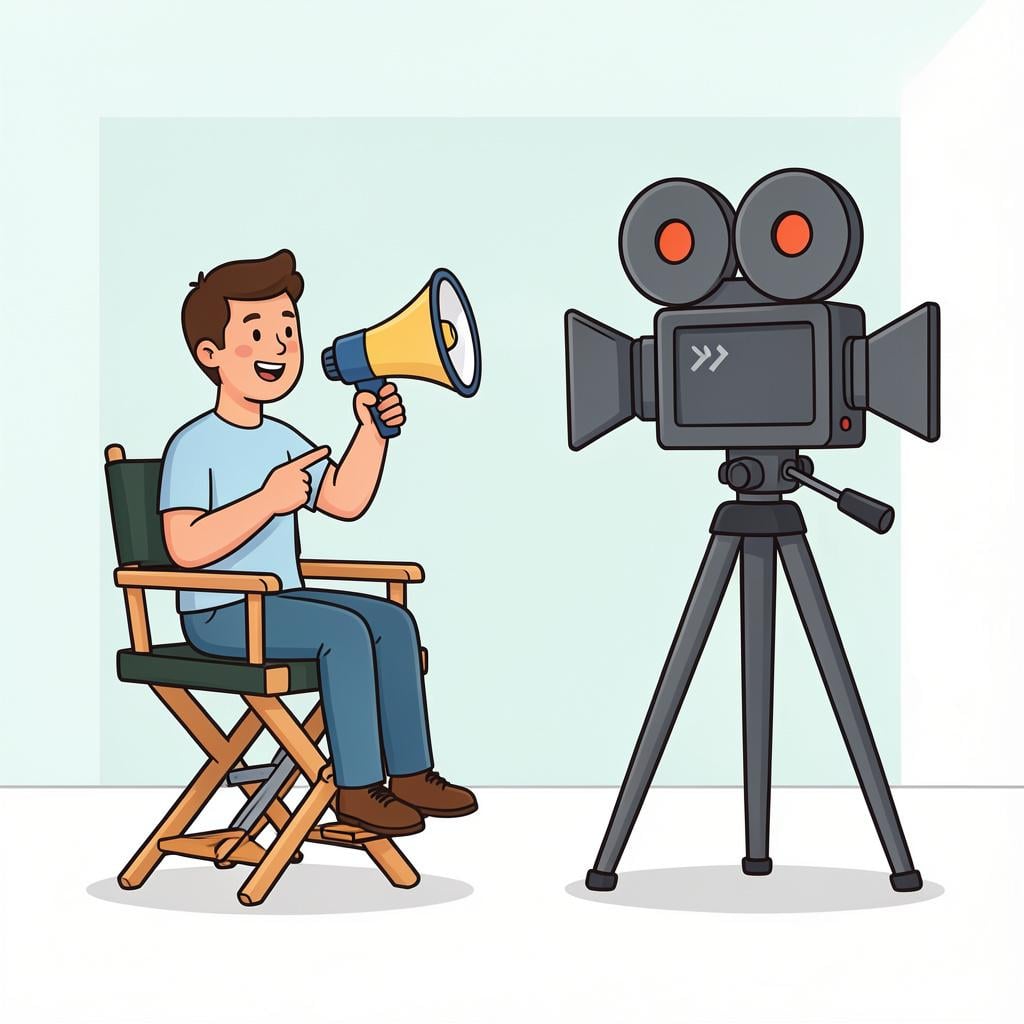 A person sitting in a tall chair behind a movie camera, pointing toward a set with a megaphone.