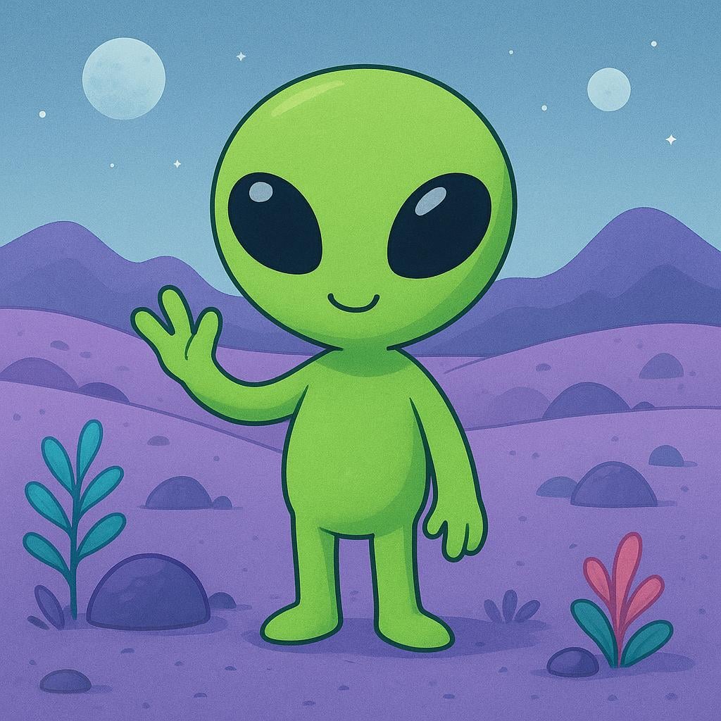 A small, friendly green alien with large black eyes stands on a purple planet surface, waving.
