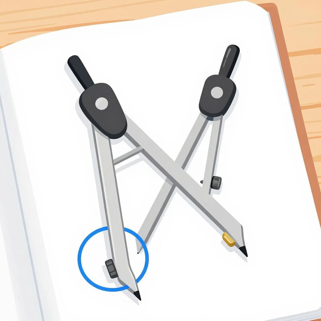 Een metalen tekencirkel op een stuk papier, die net een perfecte blauwe cirkel heeft getrokken.