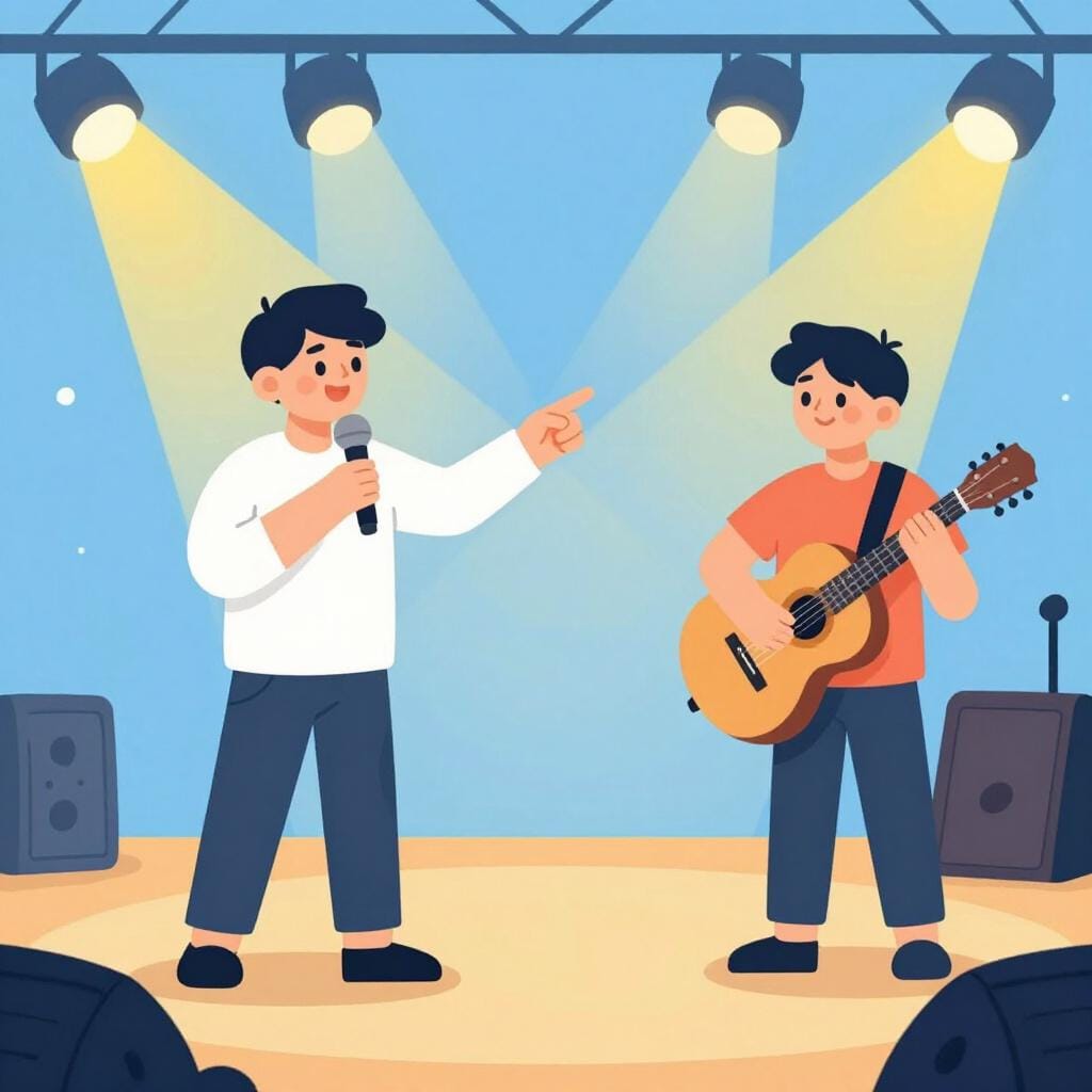 무대 위의 가수가 기타 솔로를 연주하기 위해 게스트 뮤지션을 초대하는 모습.