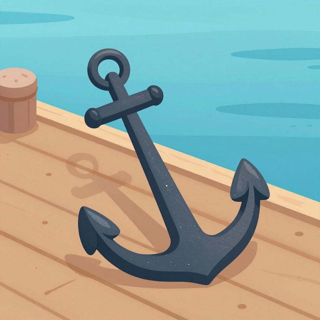 A heavy anchor resting firmly on a wooden dock with a thick rope.