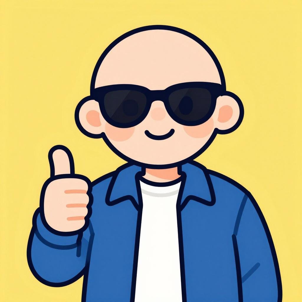 Um personagem feliz usando óculos de sol estilosos e uma jaqueta de couro, fazendo um sinal de positivo.